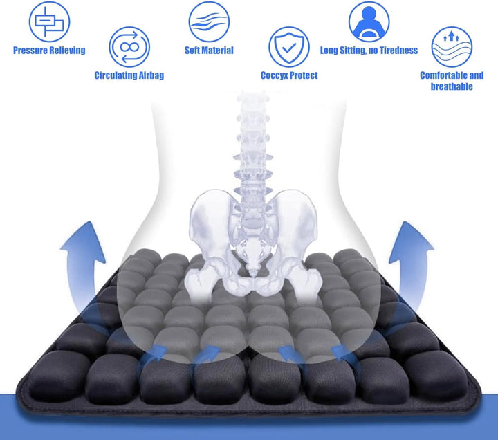 AirComfort inflatable seat cushion shown in a car seat, offering back support and pressure relief during travel.