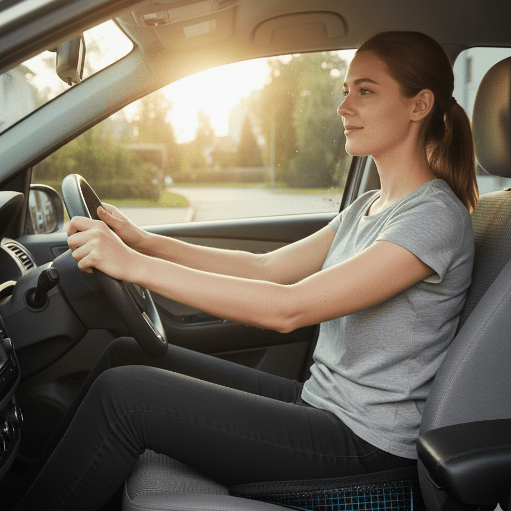 Ergonomic memory foam car cushion enhances driving comfort, posture & sciatica relief for all.