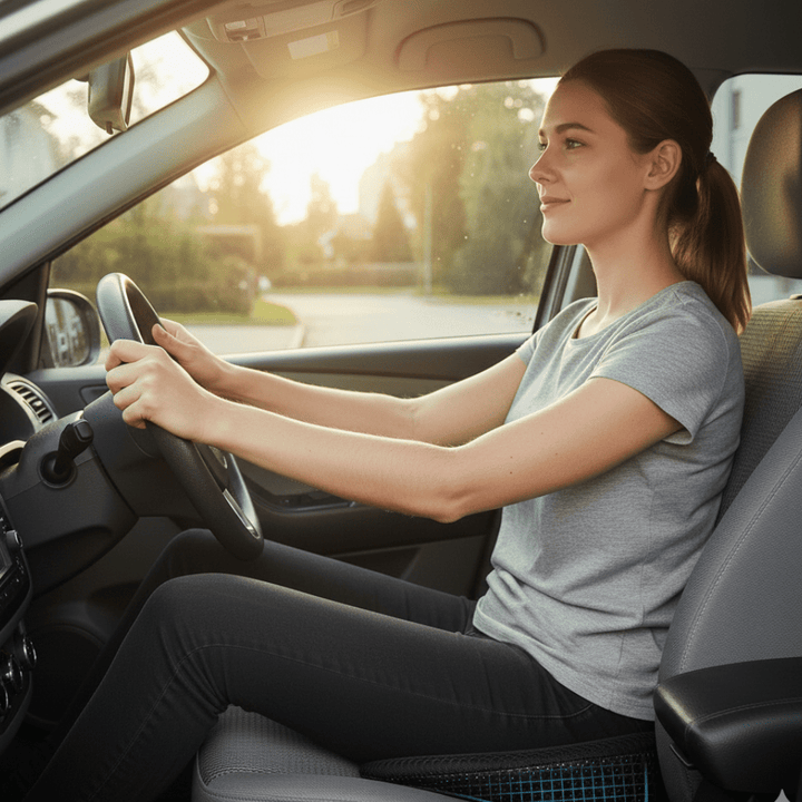 Ergonomic memory foam car cushion enhances driving comfort, posture & sciatica relief for all.