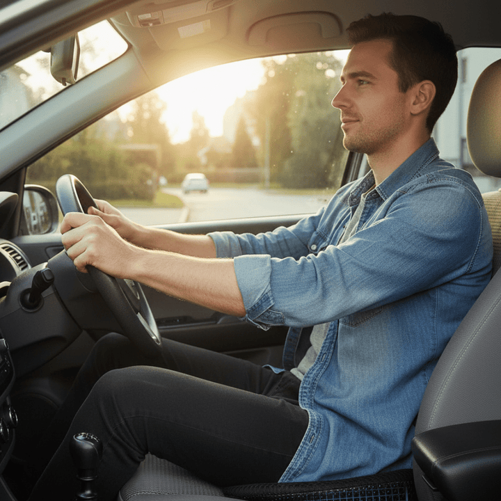 Plush memory foam car seat cushion provides ergonomic support & sciatica pain relief for drivers.