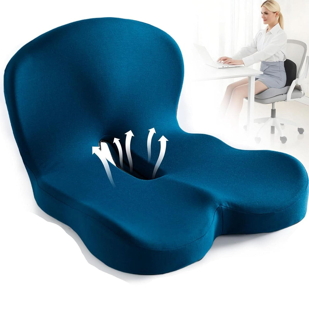 Ergonomic memory foam seat cushion for back pain relief, posture support. Washable cover included.