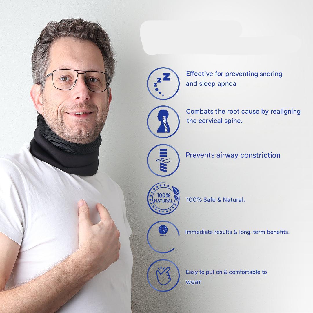 Ergonomic neck support device providing pain relief, correcting sleep posture, and reducing snoring & sleep apnea symptoms.