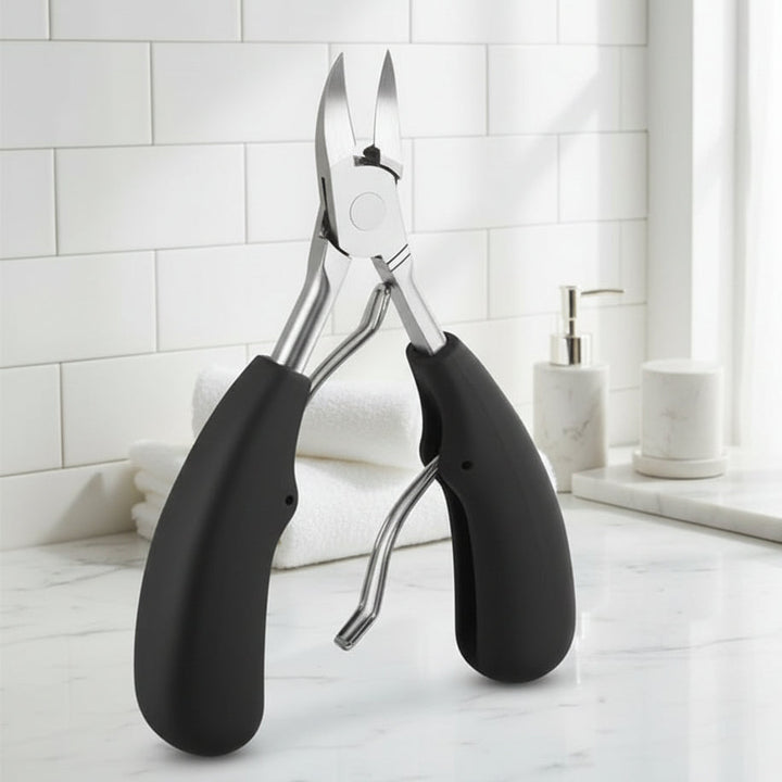 Unisex ergonomic toenail scissors for precise cutting of thick and ingrown nails. Stainless steel foot care tool.