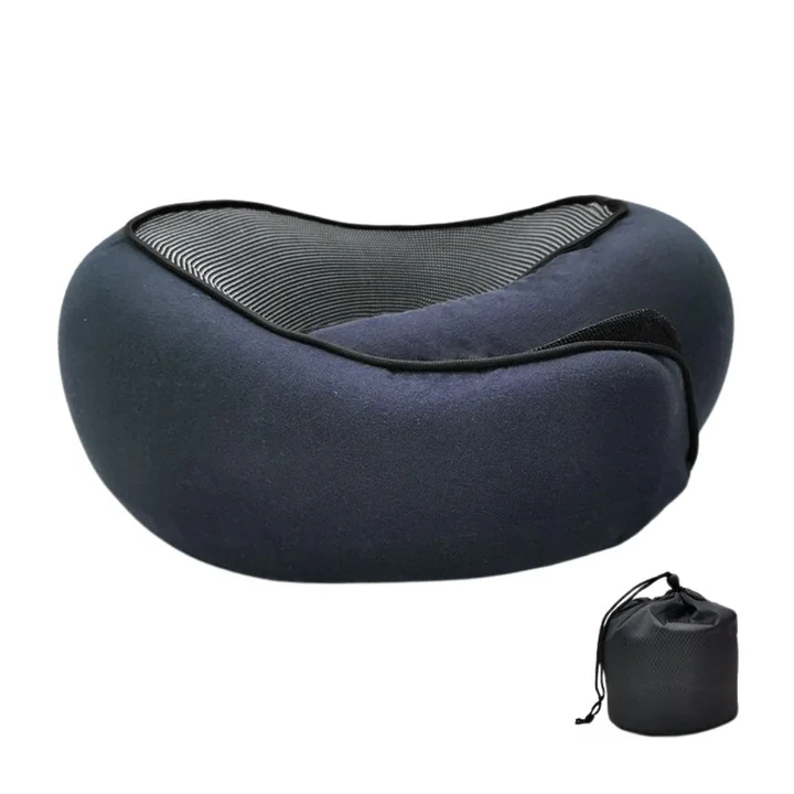 Portable travel neck pillow, ergonomic design for comfortable sleep and neck support during long airplane or car trips.