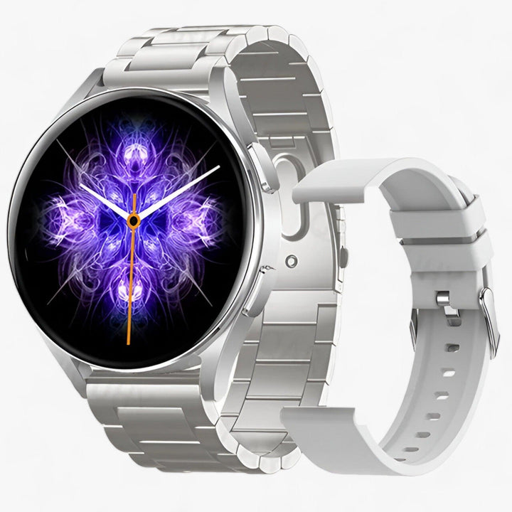 Close-up of the sleek display on the Evelyne health tracking smartwatch, showing smart features.
