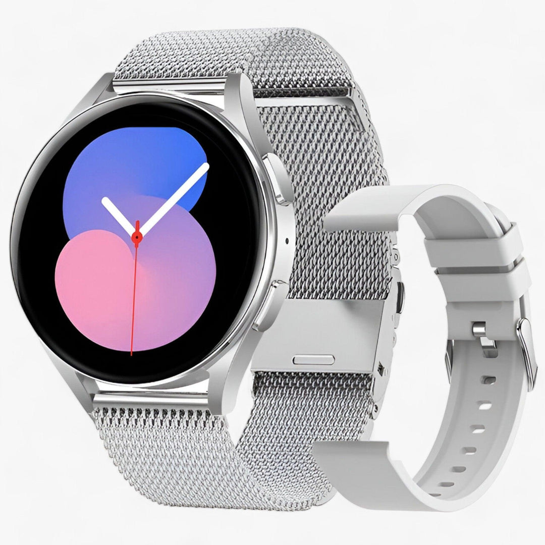 Unisex smartwatch worn on wrist, displaying health data and ready for Bluetooth calls. Smart & stylish.