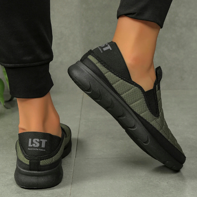 Quilted water-resistant slip-on walkers. Easy wear unisex shoes for ultimate everyday comfort.