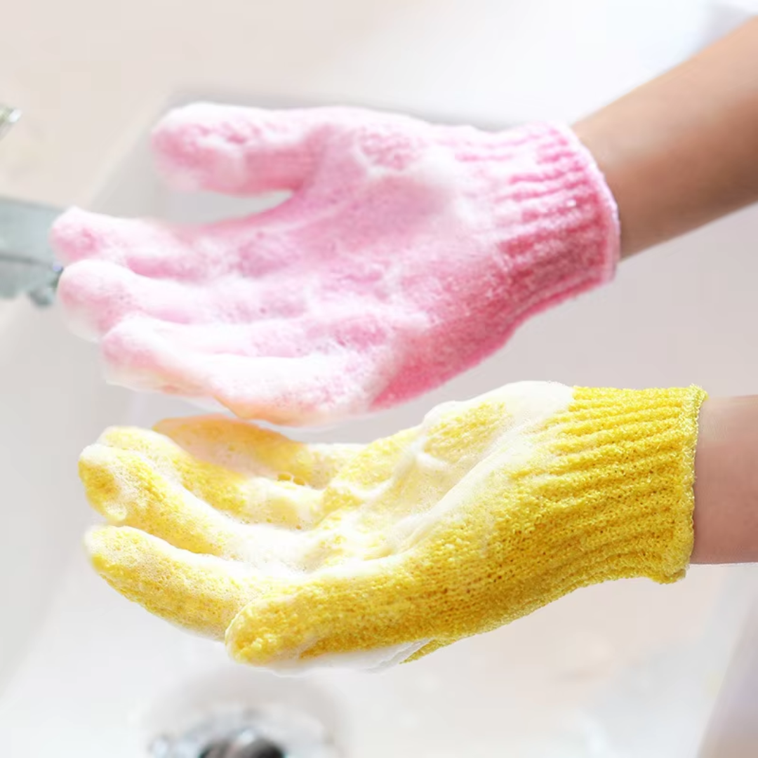 Soft yet effective exfoliating bath and shower gloves, 2-piece set for beauty