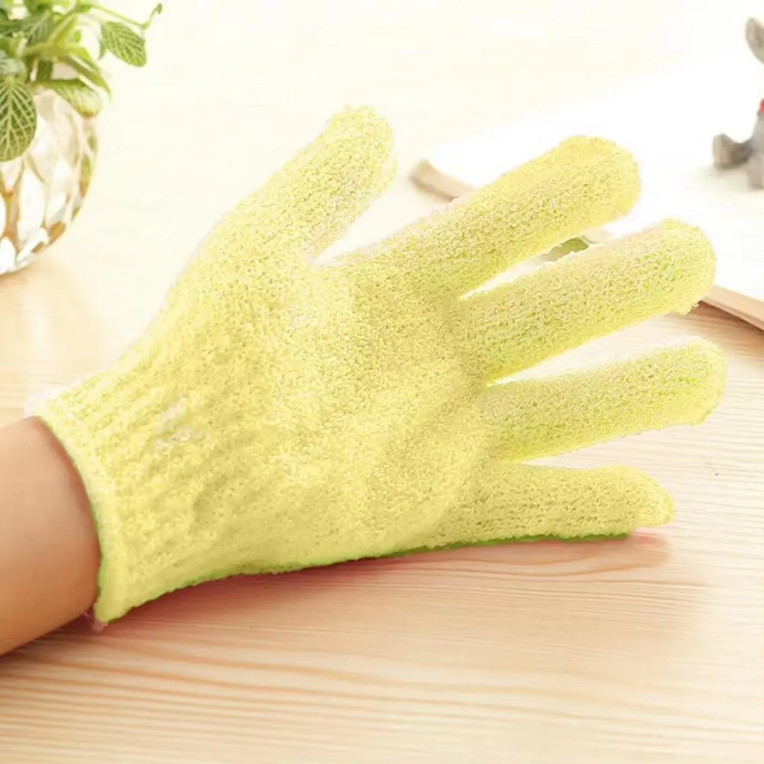 Exfoliating skin care bath gloves, featuring a textured surface for body scrubbing