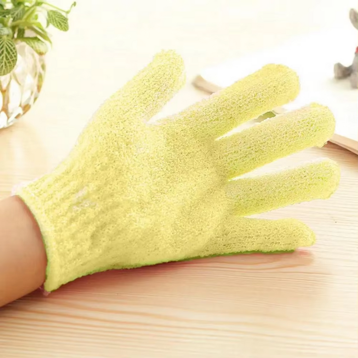 Exfoliating skin care bath gloves, featuring a textured surface for body scrubbing