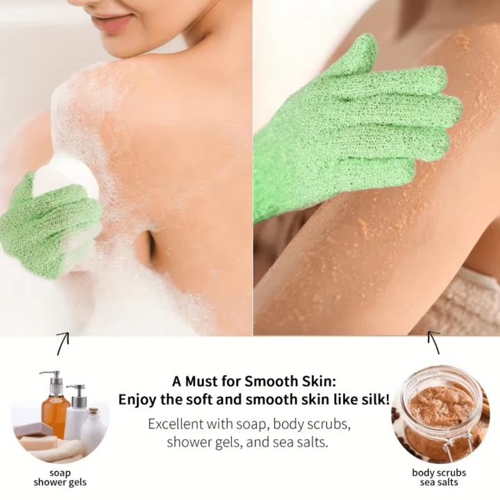 Detailed view of the woven material of the exfoliating bath gloves for body care