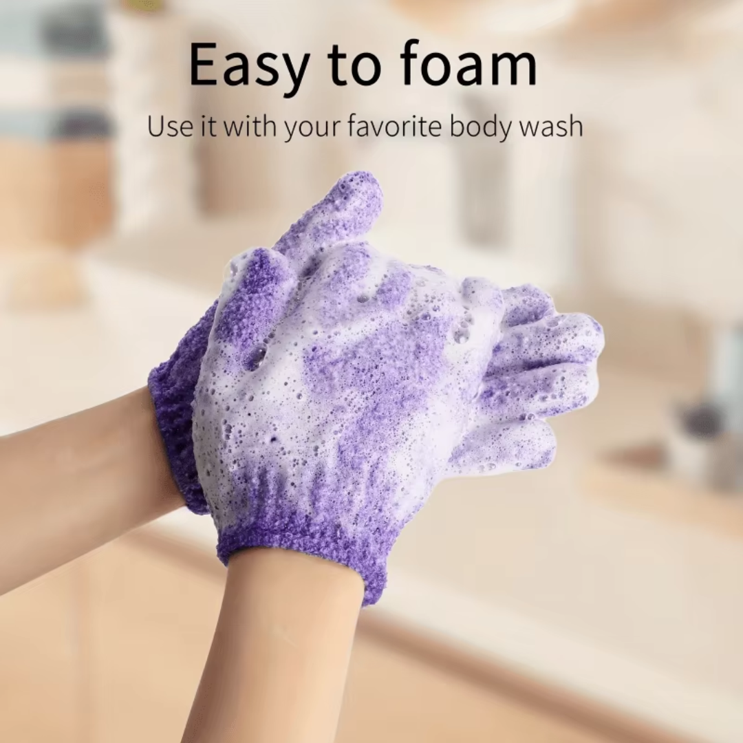 Two exfoliating bath gloves, ready for a rejuvenating body scrub and skin care treatment