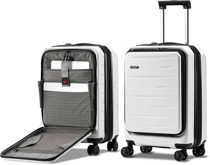 Black expandable hardshell carry-on bag with dual spinner wheels for easy navigation.