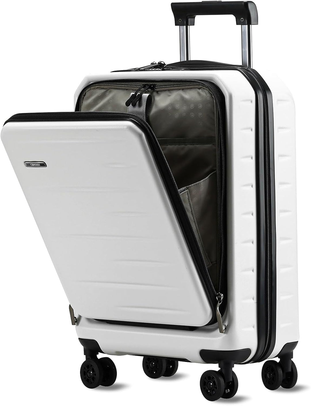 Travel-ready black hardshell carry-on bag, expandable feature visible, with a front compartment.