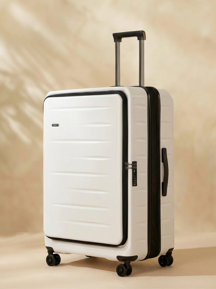 Unisex expandable hardshell carry-on with secure front pocket & TSA lock for easy travel.
