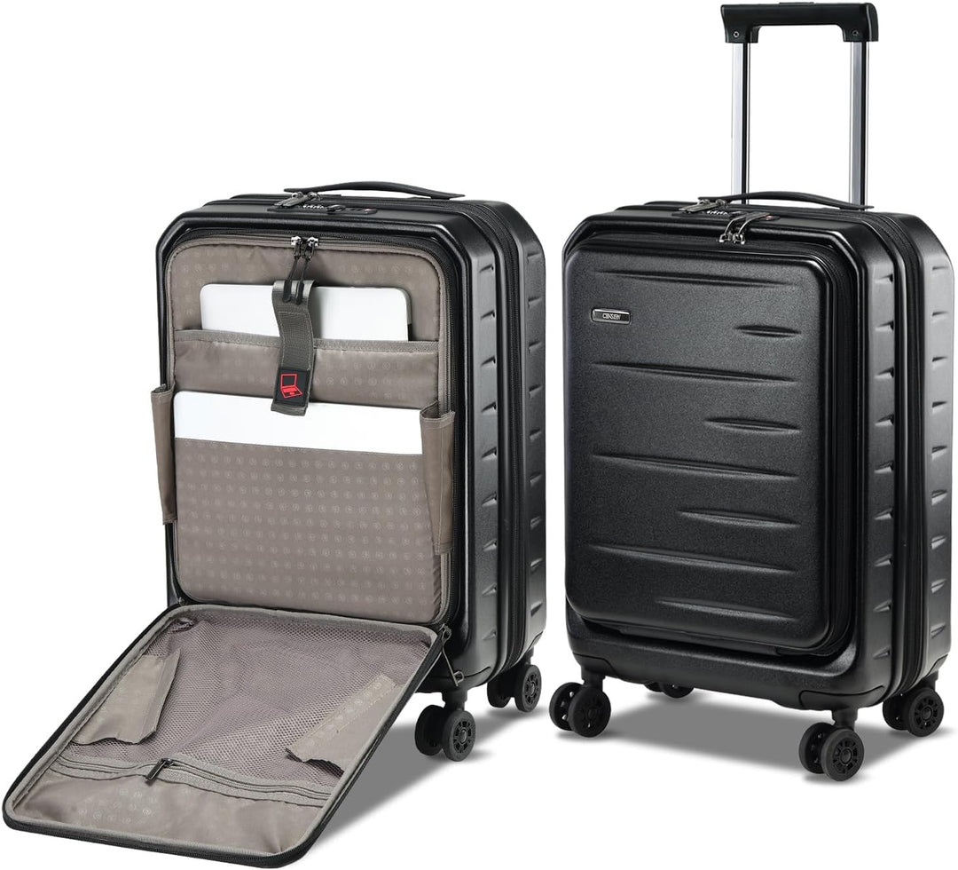 Modern expandable hardshell carry-on with front pocket & TSA lock for stylish unisex travel.
