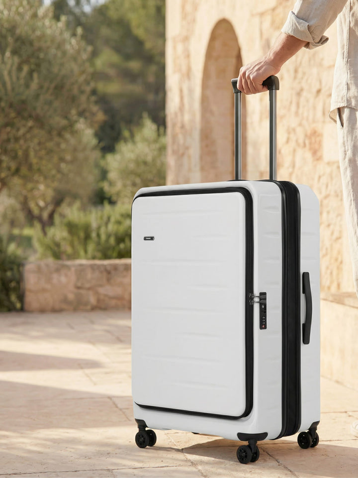 Durable hardshell carry-on luggage with front pocket, TSA lock & smooth spinner wheels.