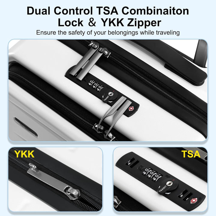 Lightweight hardshell carry-on luggage, expandable, with front pocket & integrated TSA lock.