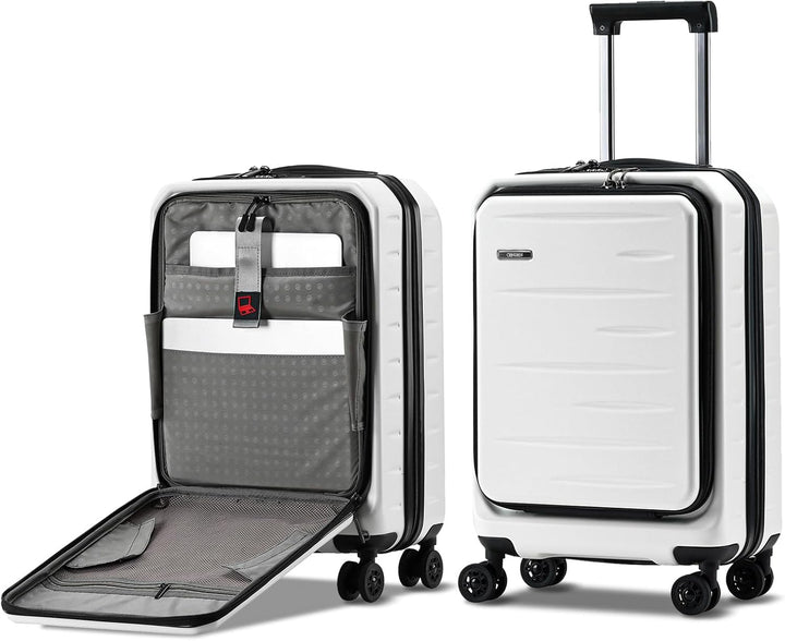 Secure expandable carry-on, hardshell, front pocket, TSA lock, designed for unisex travelers.