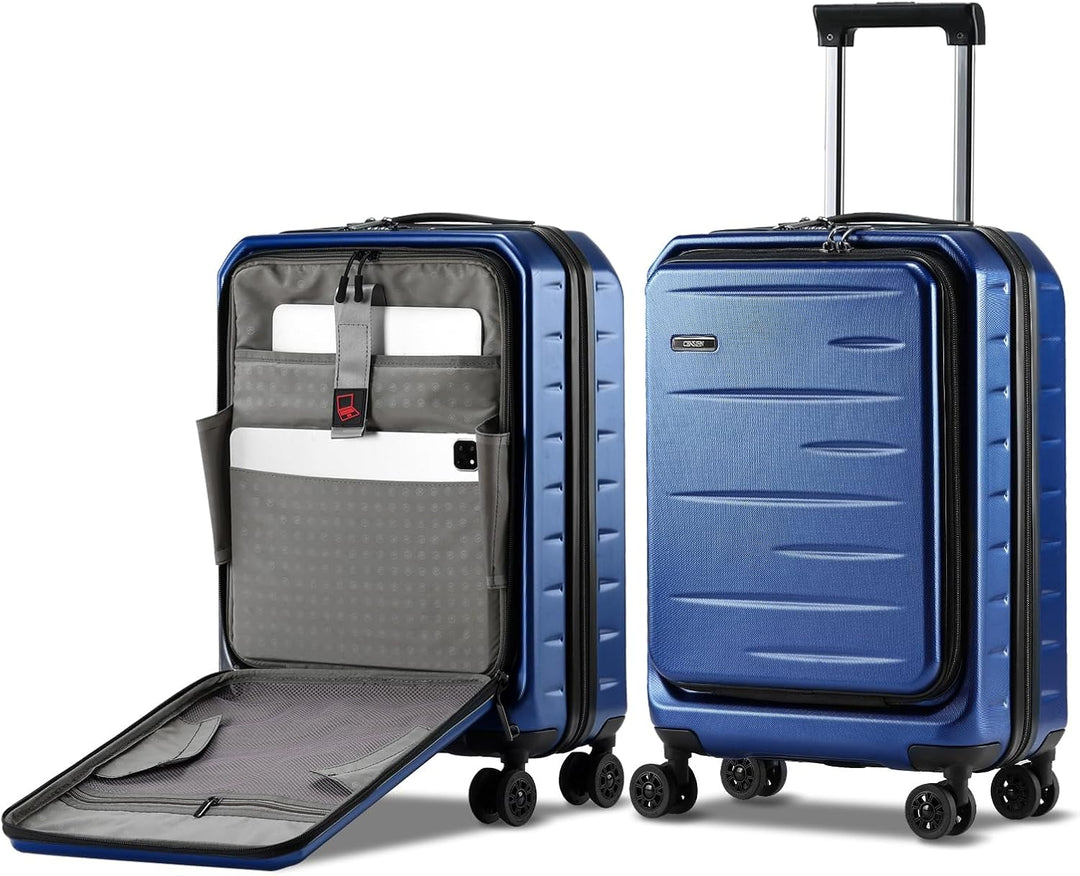 Unisex carry-on luggage: Expandable hardshell, front pocket, TSA lock, & effortless spinner wheels.
