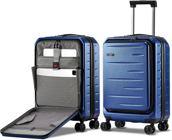 Unisex carry-on luggage: Expandable hardshell, front pocket, TSA lock, & effortless spinner wheels.