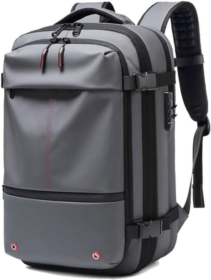 Black unisex commuter backpack featuring an anti-theft lock and wet/dry compartment