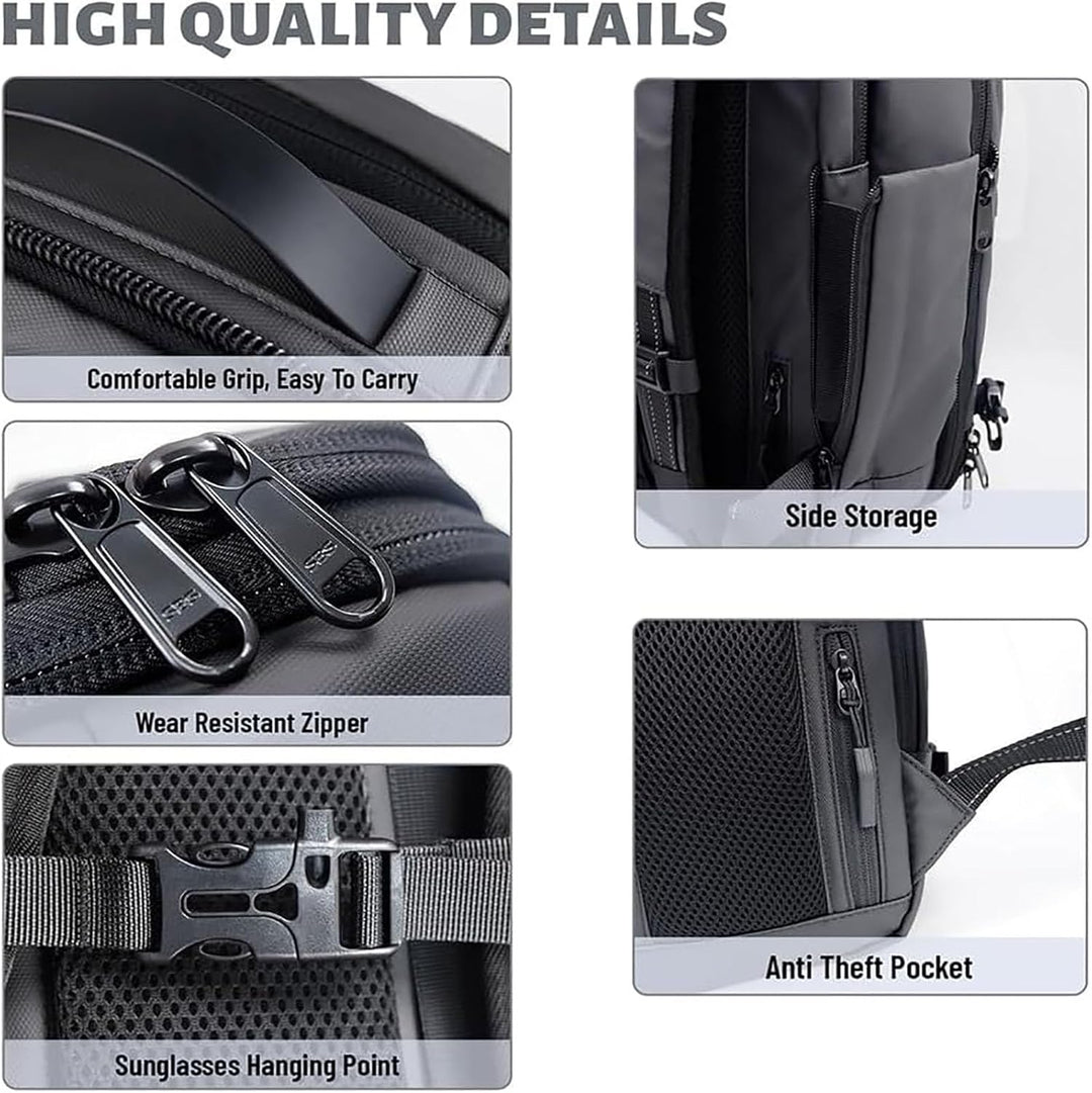 Compact travel backpack with anti-theft lock, wet compartment, and expandable storage