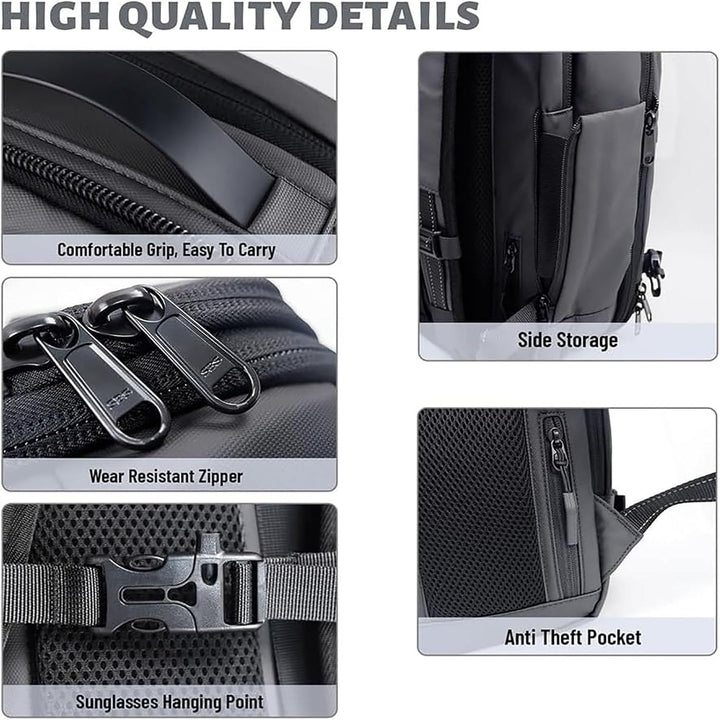 Compact travel backpack with anti-theft lock, wet compartment, and expandable storage