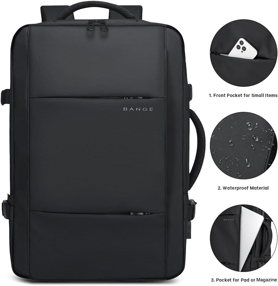 Black 26-45L travel backpack, convertible to duffle, ideal for weekend trips.