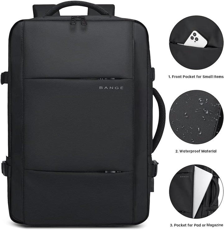 Black 26-45L travel backpack, convertible to duffle, ideal for weekend trips.