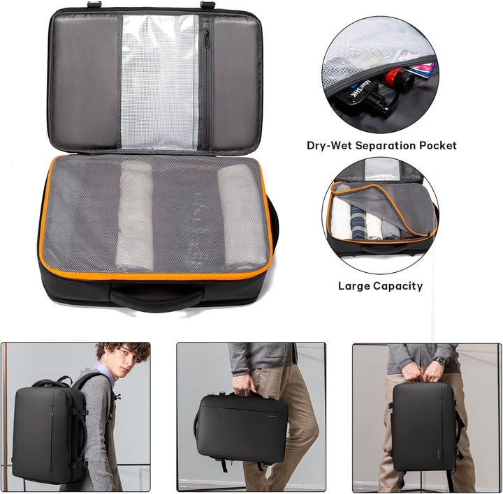 Front view of a packed 45L travel duffle backpack, ready for a long journey.