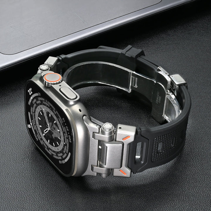 Unisex Explorer silicone smartwatch band with titanium buckle, durable & comfortable for daily wear.