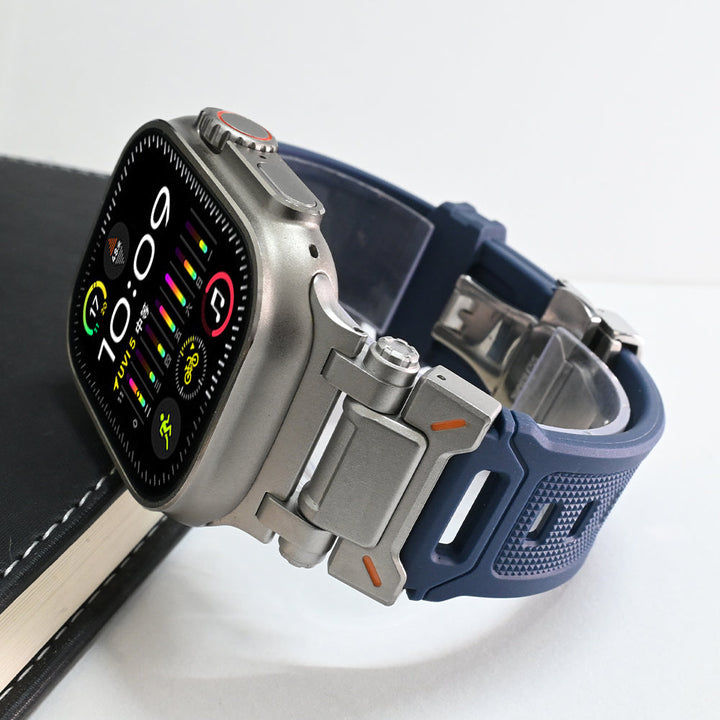 Hypoallergenic Explorer silicone smartwatch band, ideal for sensitive skin, comfortable & strong.