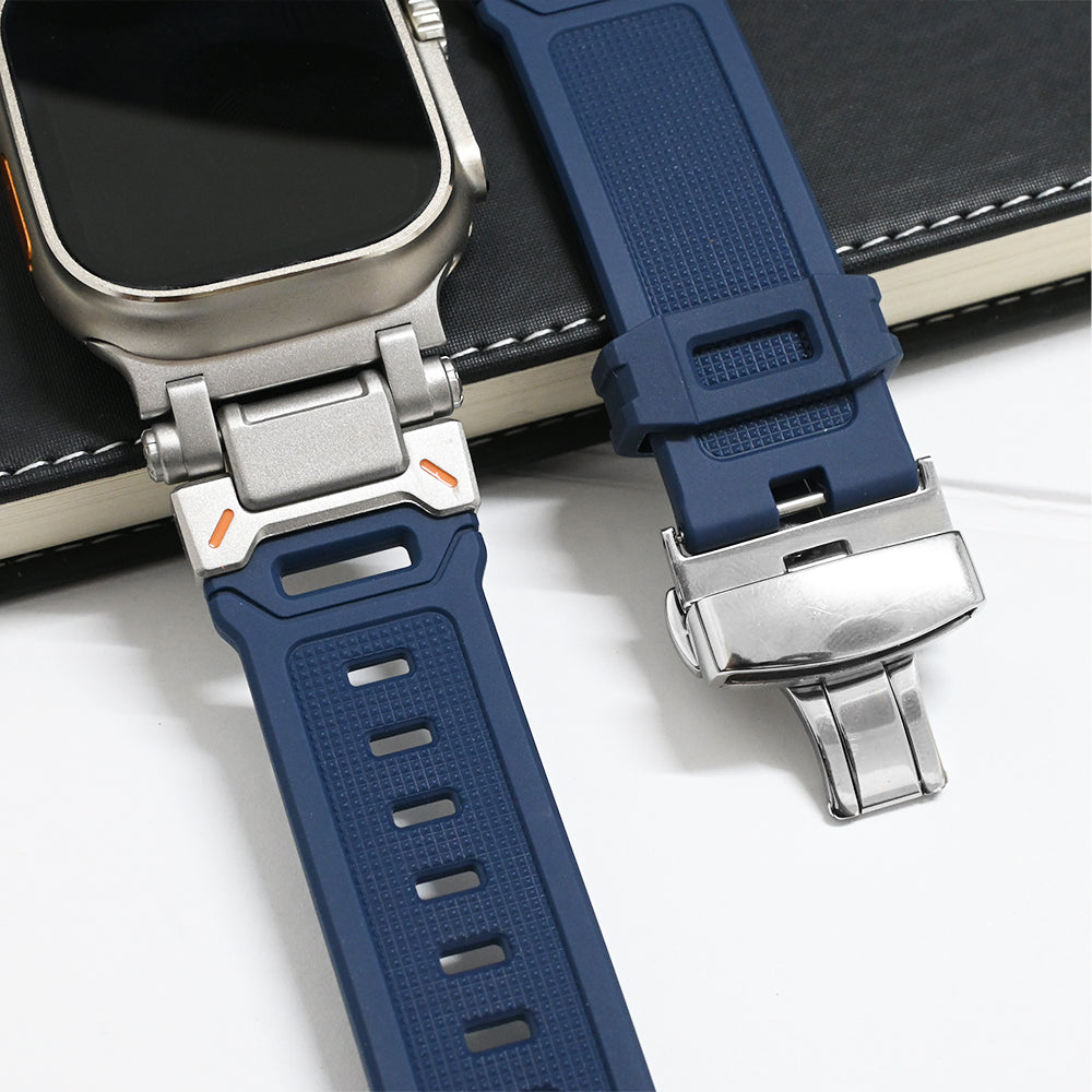 Explorer silicone smartwatch strap with robust titanium buckle, various colors, durable for adventure.