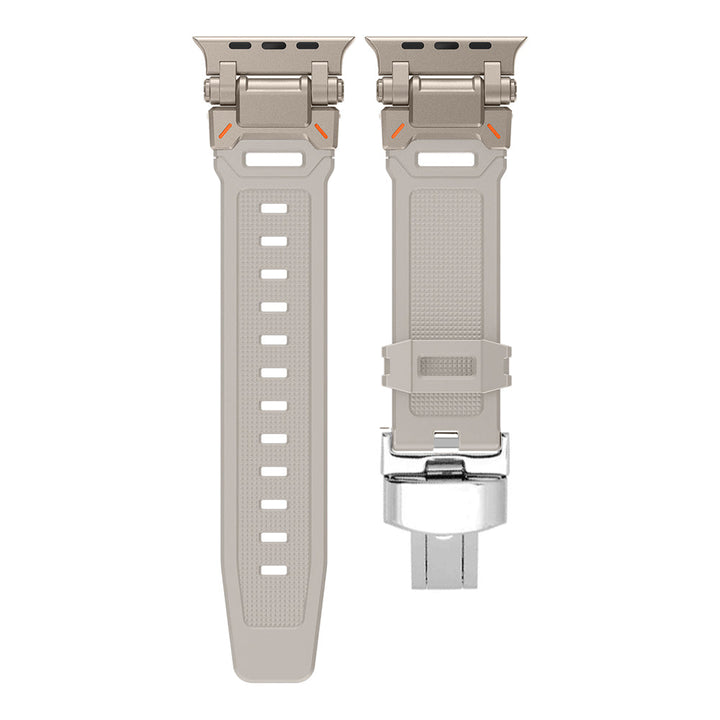 Comfortable silicone watch band with an onyx buckle, a sleek smartwatch accessory, easy to clean.