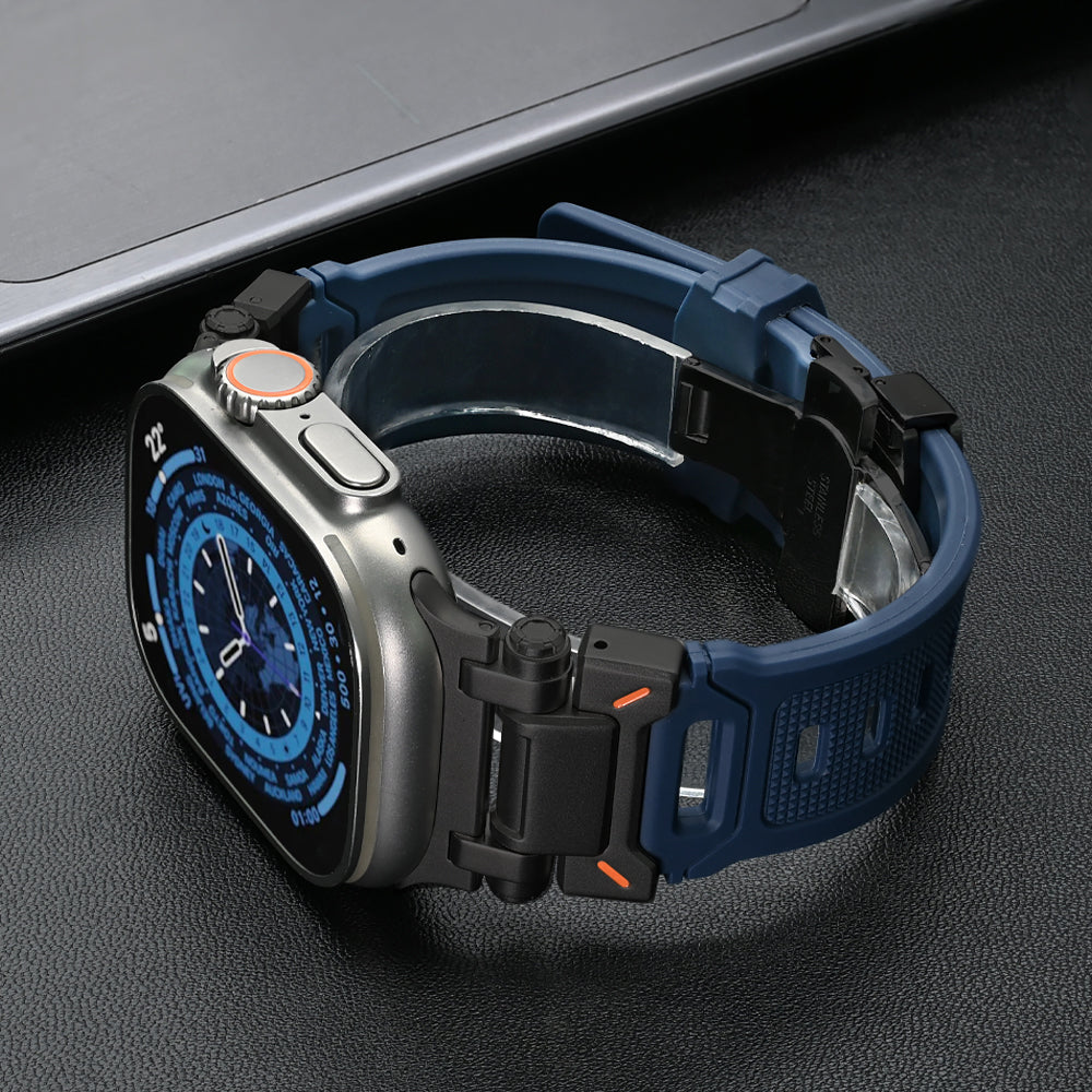 Explorer silicone watch strap in black with onyx buckle, unisex, versatile & comfortable for casual wear.