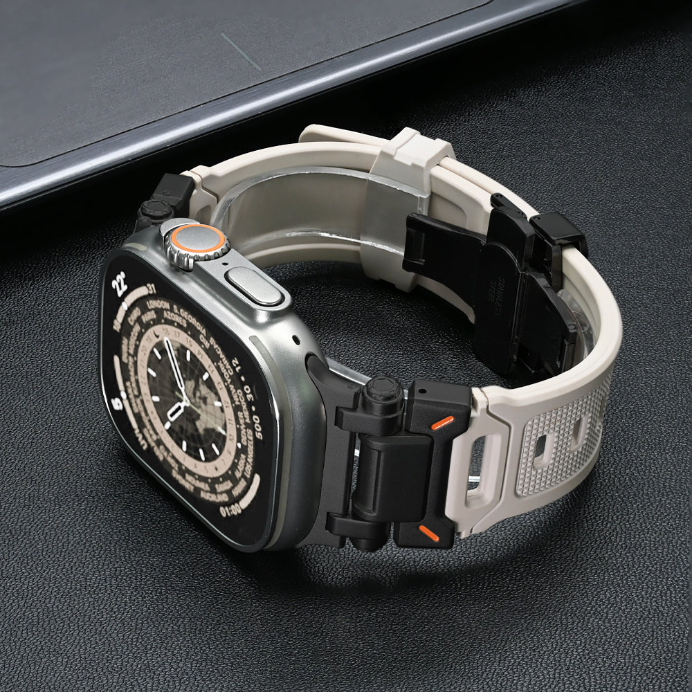 Durable quick release silicone band for smartwatches, available in multiple colors with titanium buckle.
