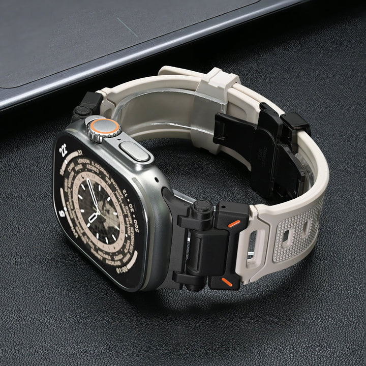 Durable quick release silicone band for smartwatches, available in multiple colors with titanium buckle.