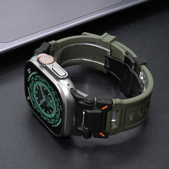 Comfortable silicone replacement band with titanium buckle for smartwatches, durable and stylish.