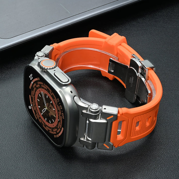 Onyx buckle silicone smartwatch strap, durable & hypoallergenic, easy to change with quick release.