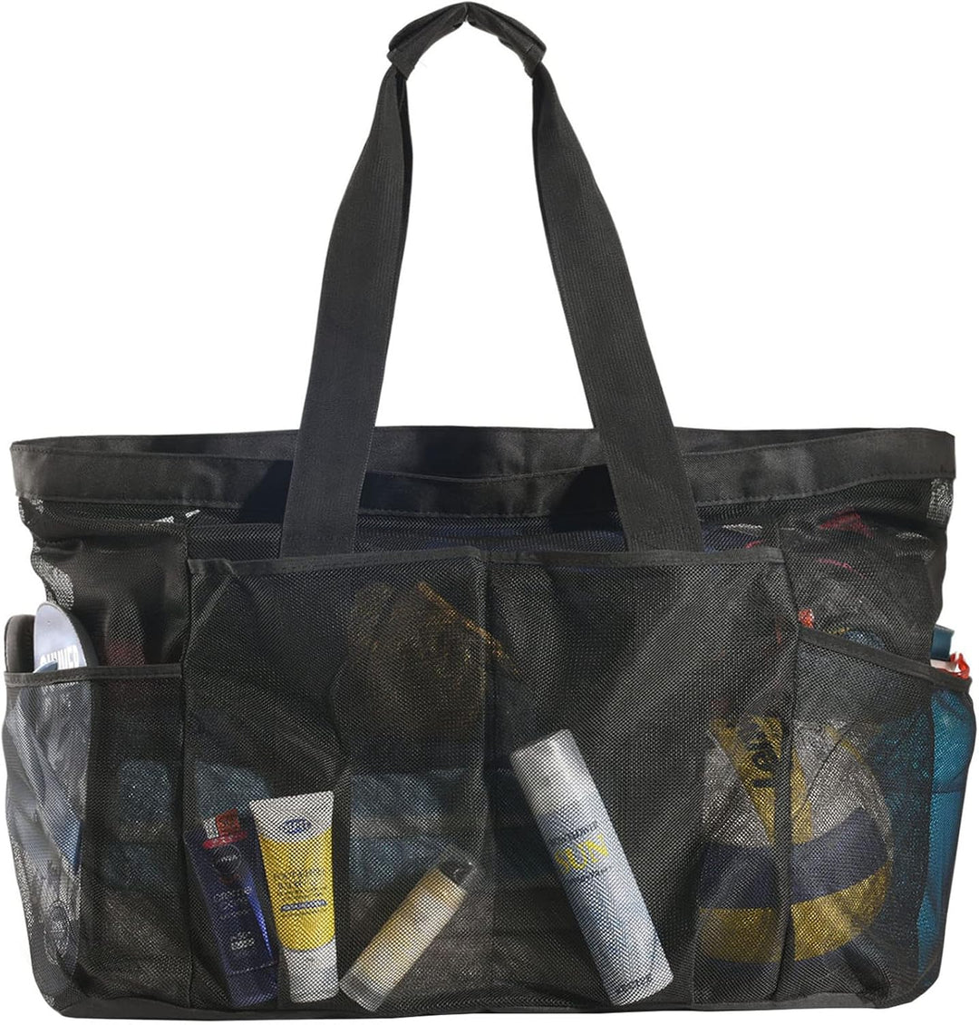 Unisex extra-large mesh beach tote bag with zipper, perfect for family carryall & sandproof travel.