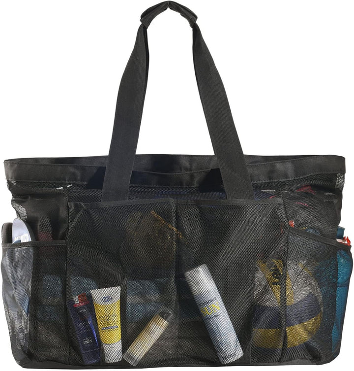 Unisex extra-large mesh beach tote bag with zipper, perfect for family carryall & sandproof travel.