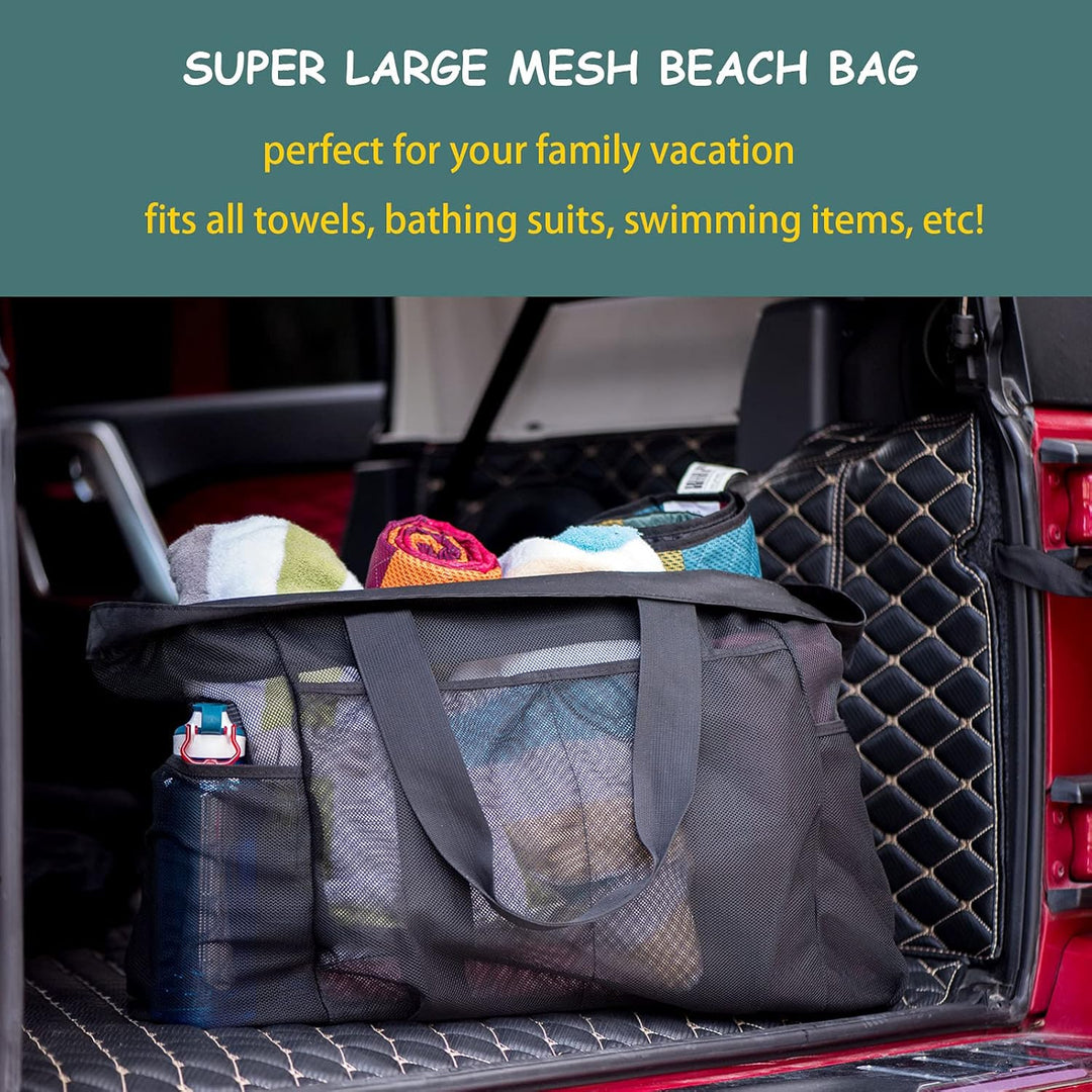 Spacious mesh beach tote bag with secure zipper closure, ideal for carrying swim gear & essentials.