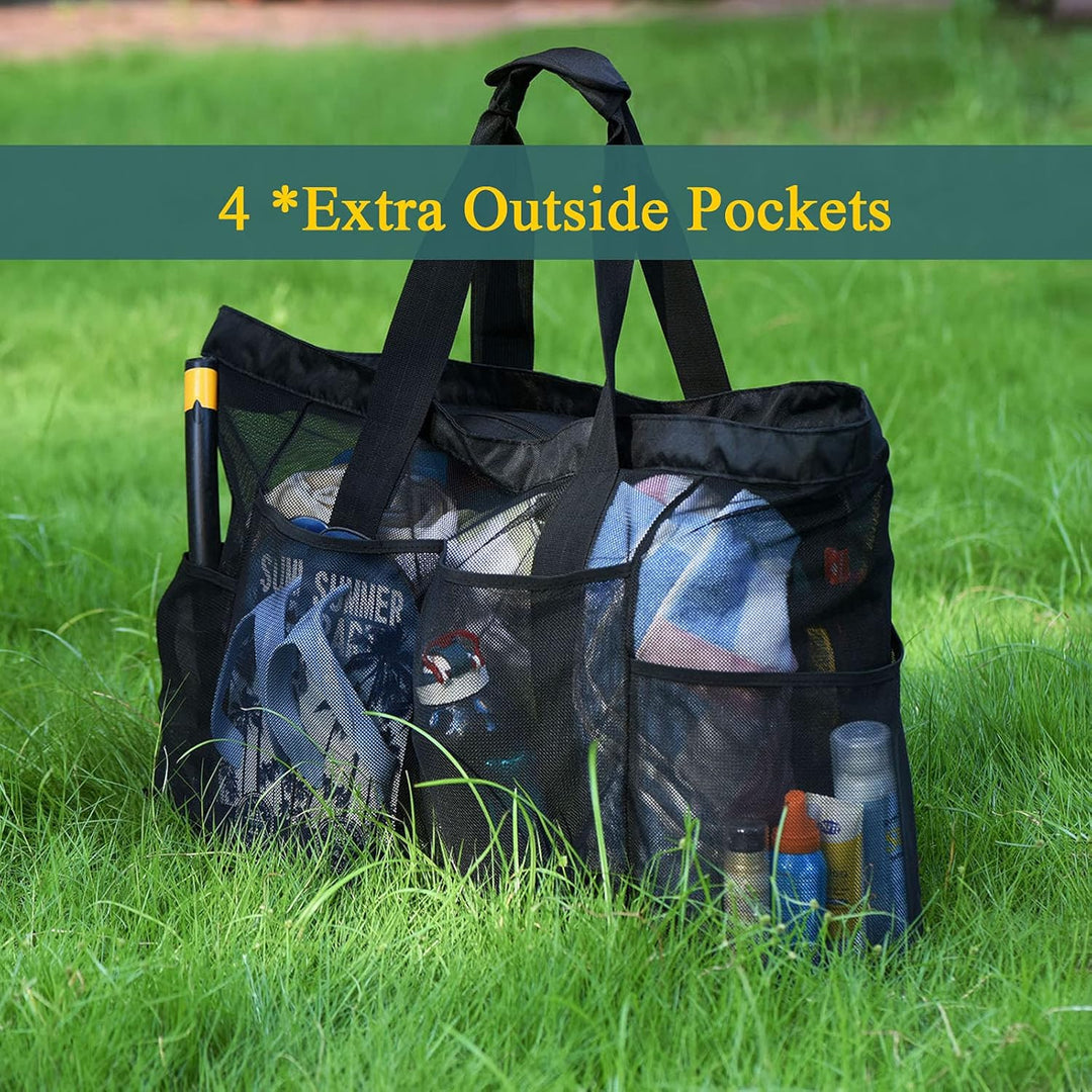 Lightweight extra-large mesh beach bag, a versatile travel tote for men and women, sand falls right through.