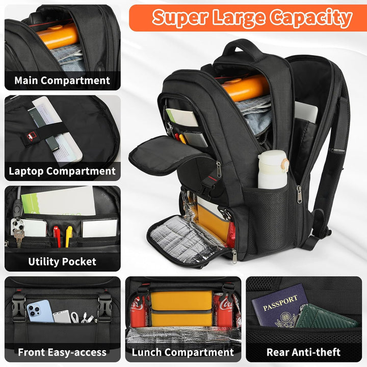 Commuter & work backpack for laptops, featuring a USB charging port & insulated compartment. Unisex, extra-large, durable.