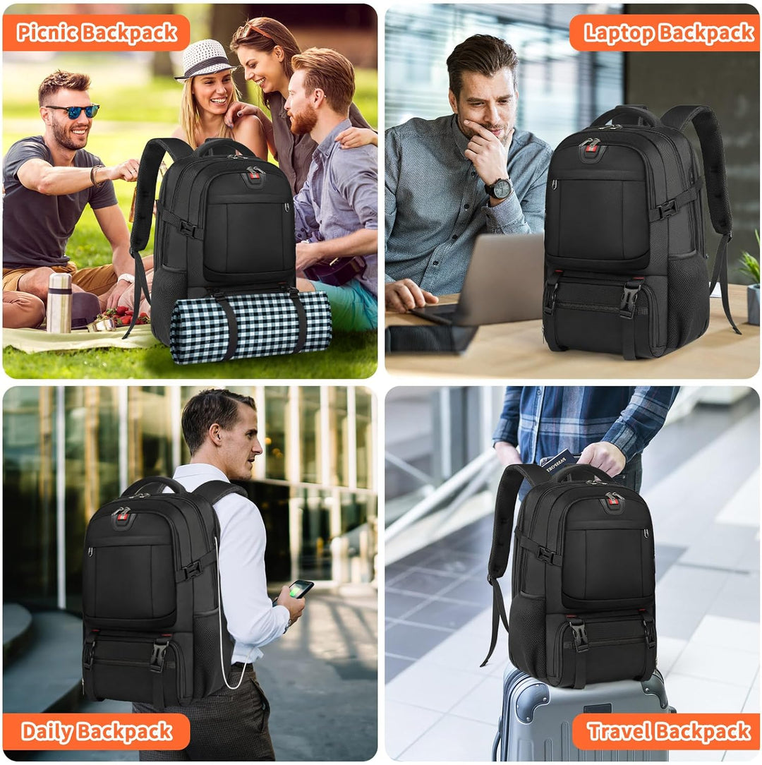Durable extra-large travel backpack with USB charging. Spacious for laptops, gear, and insulated snacks. Unisex design.