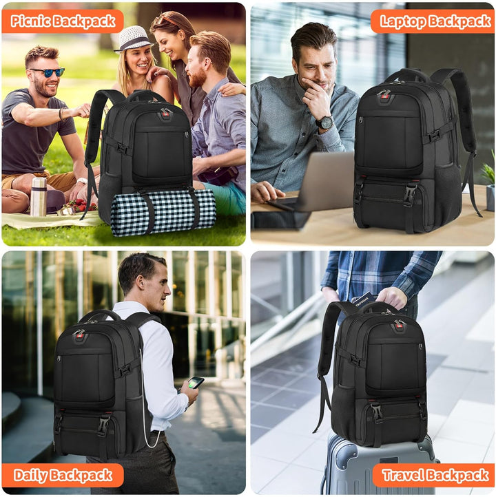 Durable extra-large travel backpack with USB charging. Spacious for laptops, gear, and insulated snacks. Unisex design.