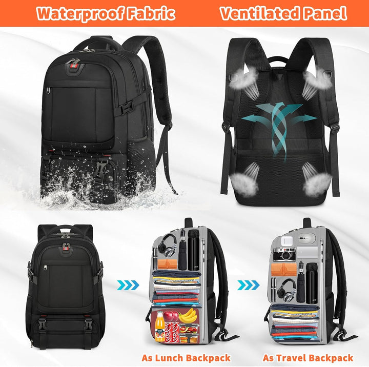 Stay charged & organized with this extra-large unisex travel backpack. USB port, insulated pocket, laptop sleeve included.