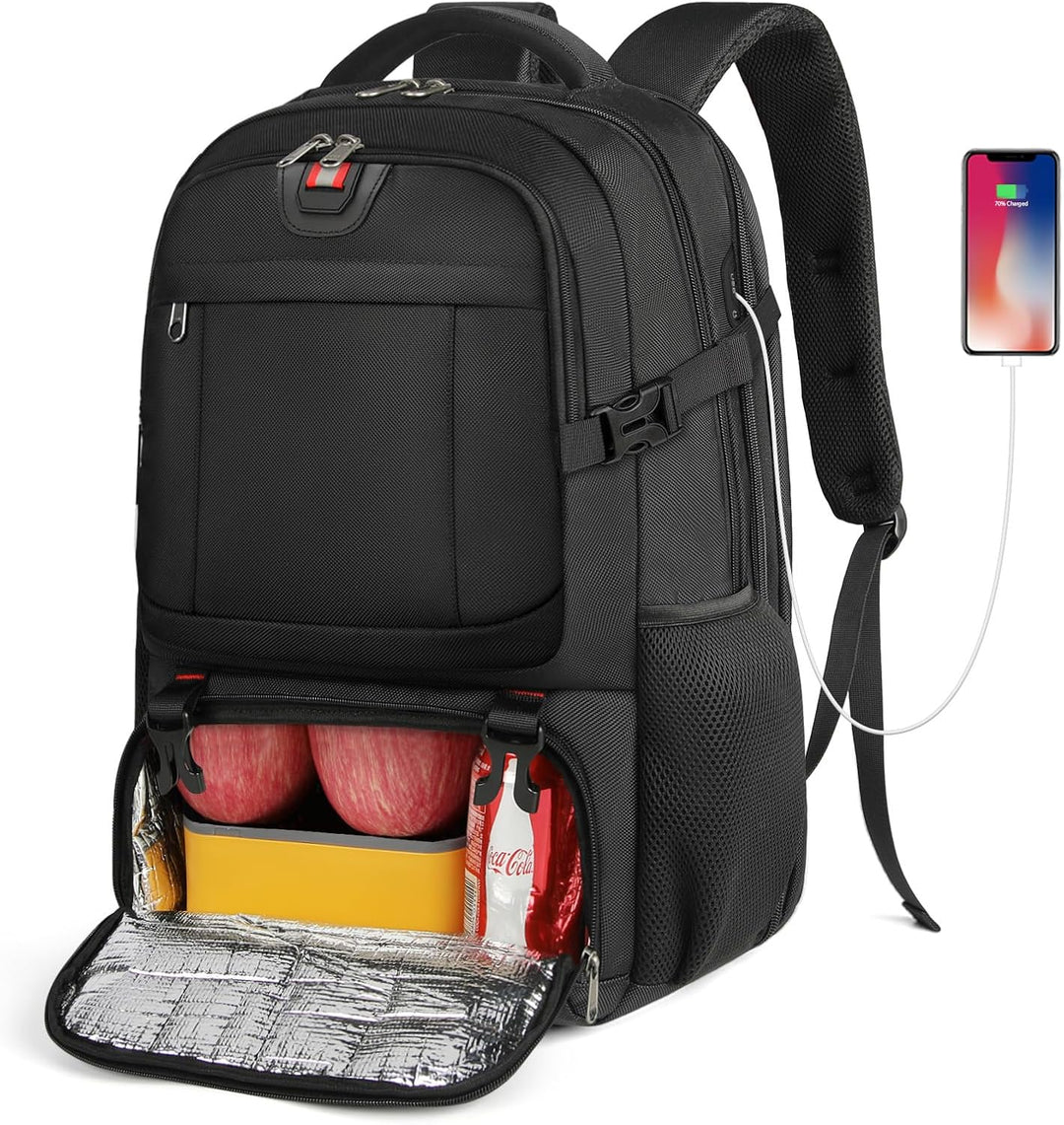 Convenient extra-large travel backpack, unisex design with USB charging & insulated food compartment. Laptop-friendly.