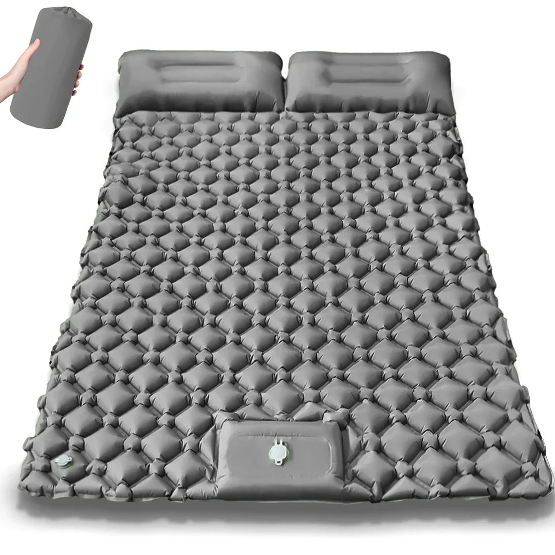 Double inflatable sleeping pad with integrated pump for easy setup, ideal for car camping